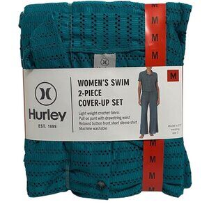 Hurley 2pc Green Crochet Swim Cover Up Set Shirt Pants Drawstring Medium NWT